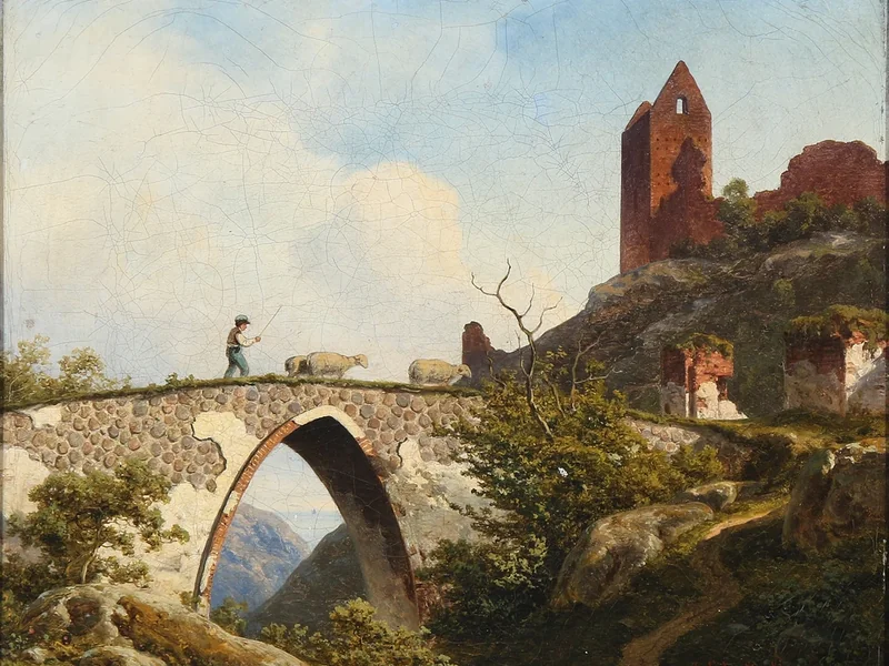 1820-Georg Emil Libert - Scena da Hammershus con un pastore che attraversa un ponte - 1856